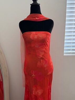 Red Floral Strapless Dress with Scarf